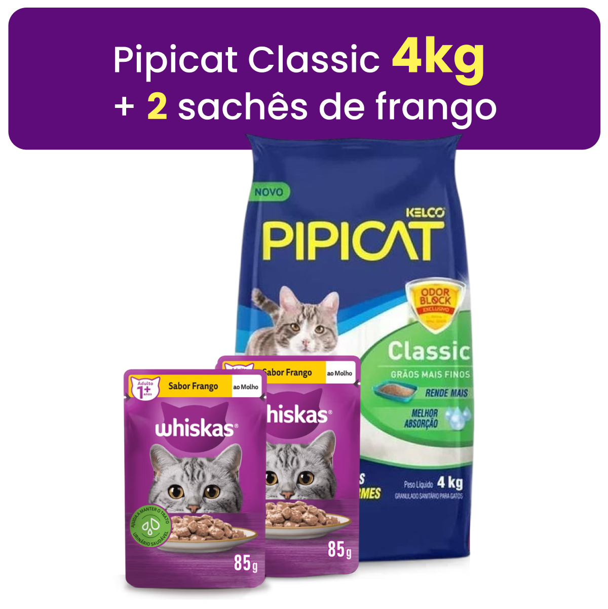 Pipicat Classic 4kg + 2 Saches Whiskas Frango